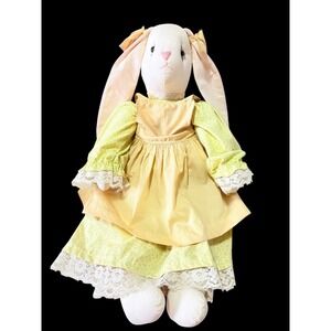 Vtg Primitive Cottage Core Easter Bunny Rabbit Rag Doll 26" Yellow Purple Ditzy
